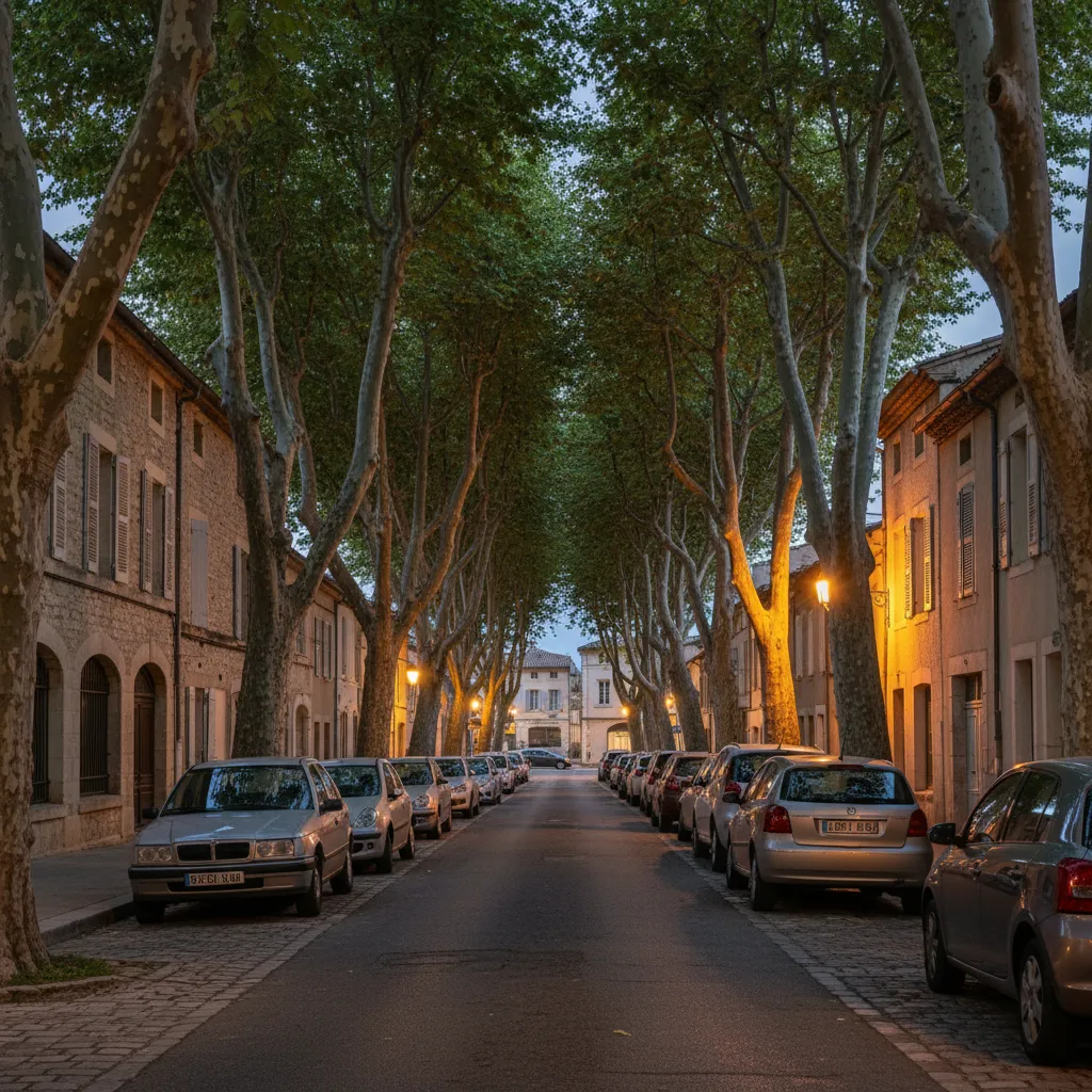 Rue résidentielle calme à Frontignan le soir
