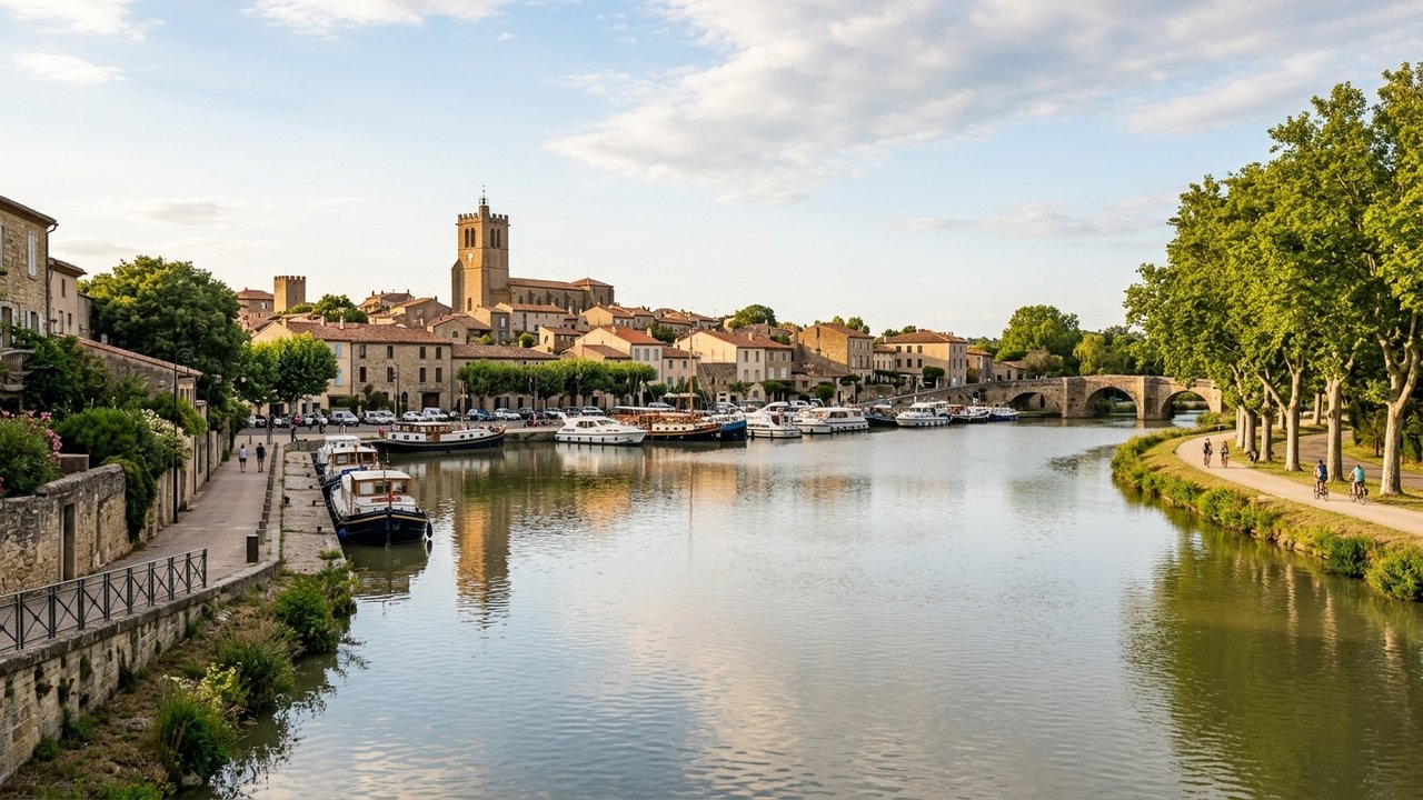 Vue pittoresque du Grand Bassin du Canal du Midi à Castelnaudary