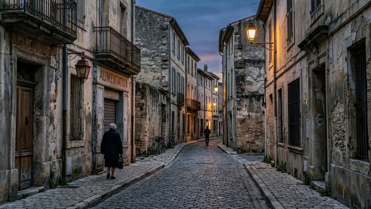 Ambiance urbaine du centre-ville de Beaucaire en soirée