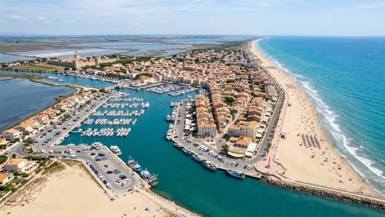 Vue aérienne du Grau-du-Roi avec son port et ses plages
