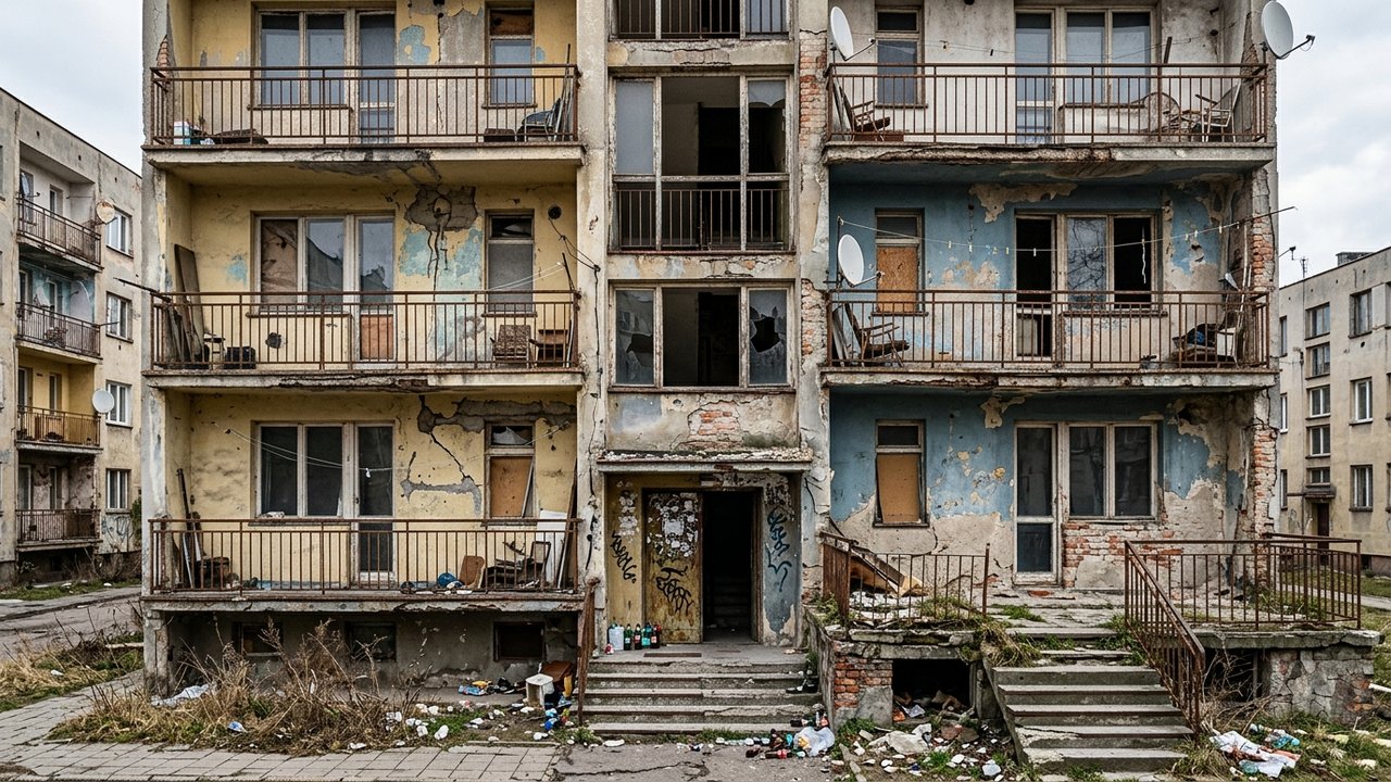 Immeuble dégradé avec façade détériorée dans un quartier sensible