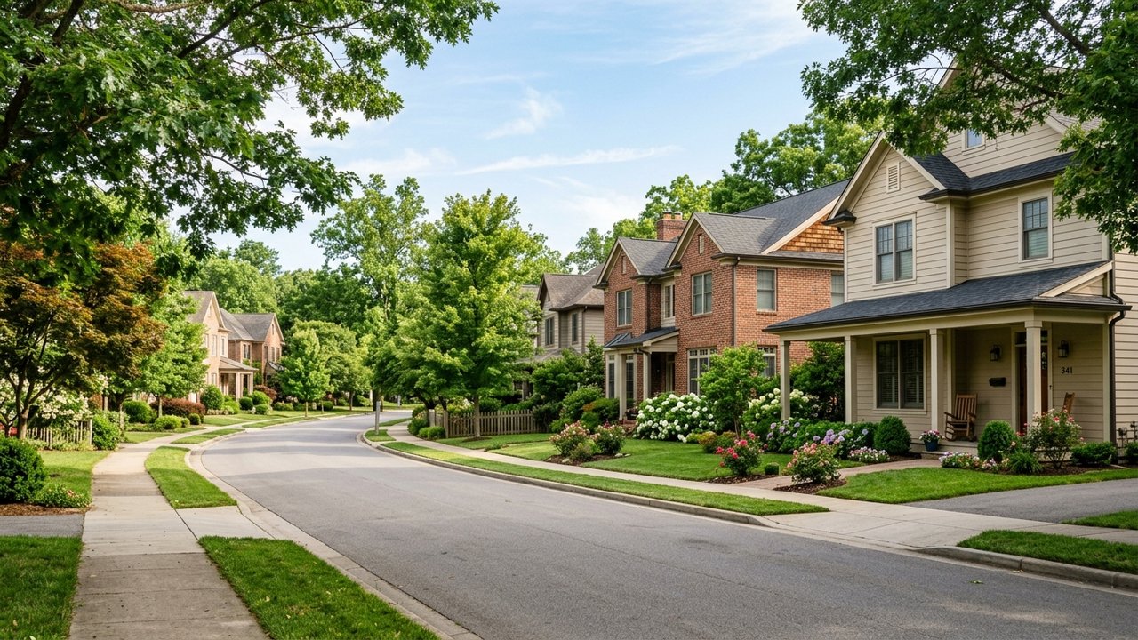 Quartier résidentiel calme avec maisons et espaces verts