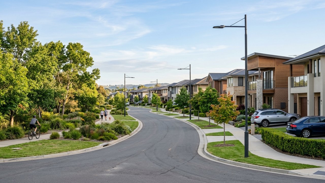 Quartier résidentiel avec espaces verts entretenus et bon éclairage urbain