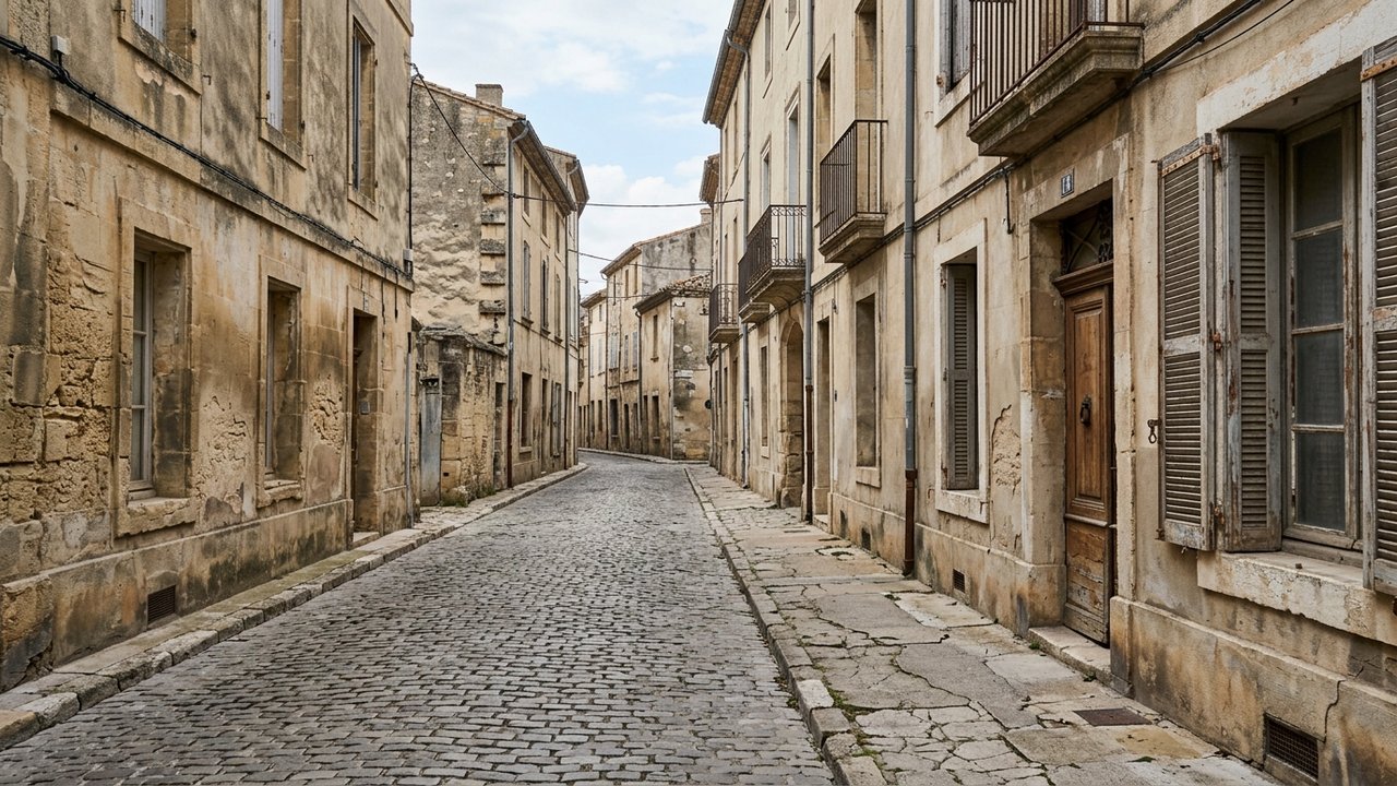 Rue du centre-ville de Beaucaire avec immeubles dégradés