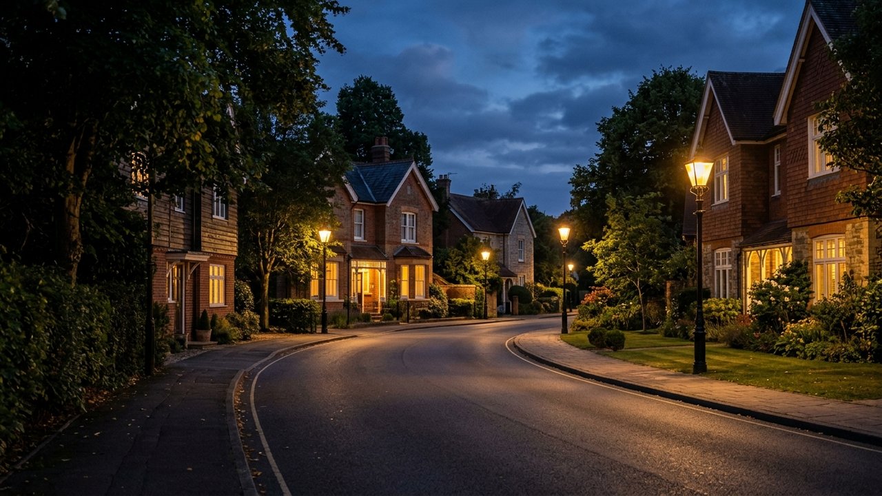 Rue résidentielle bien éclairée et sécurisée la nuit