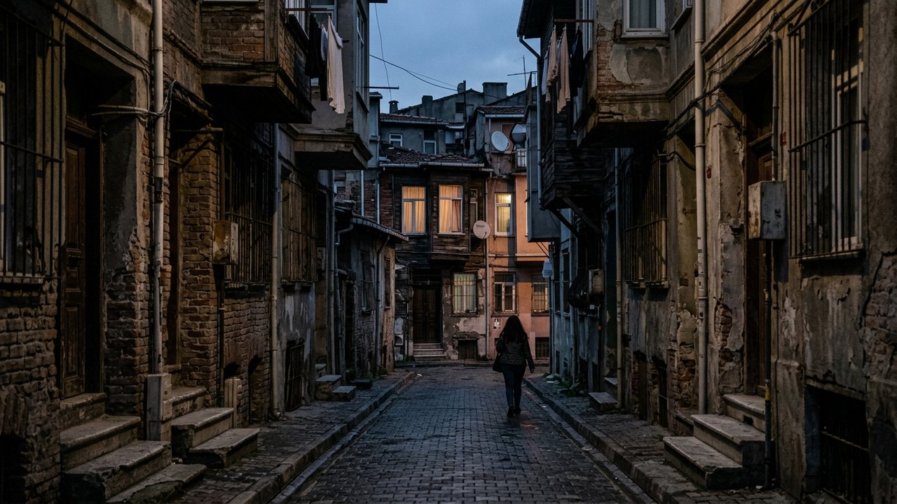 Ruelles mal éclairées d'un quartier sensible avec bâtiments dégradés
