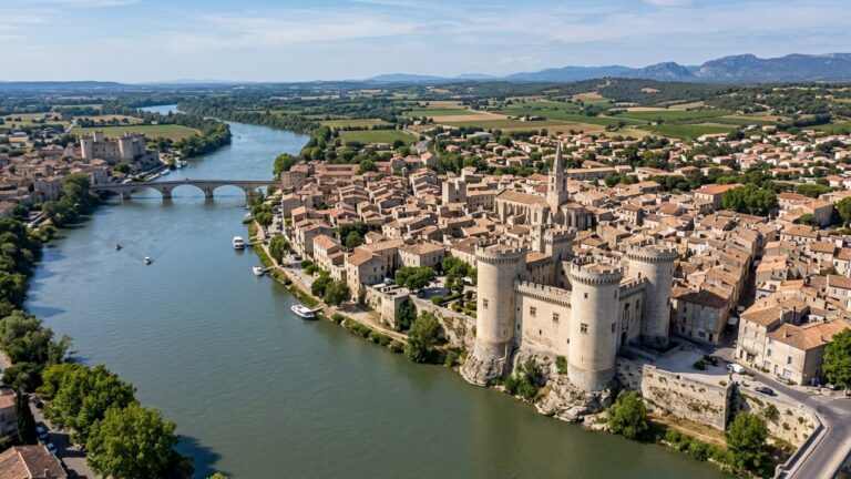 Vue aérienne de Tarascon avec son château médiéval sur le Rhône