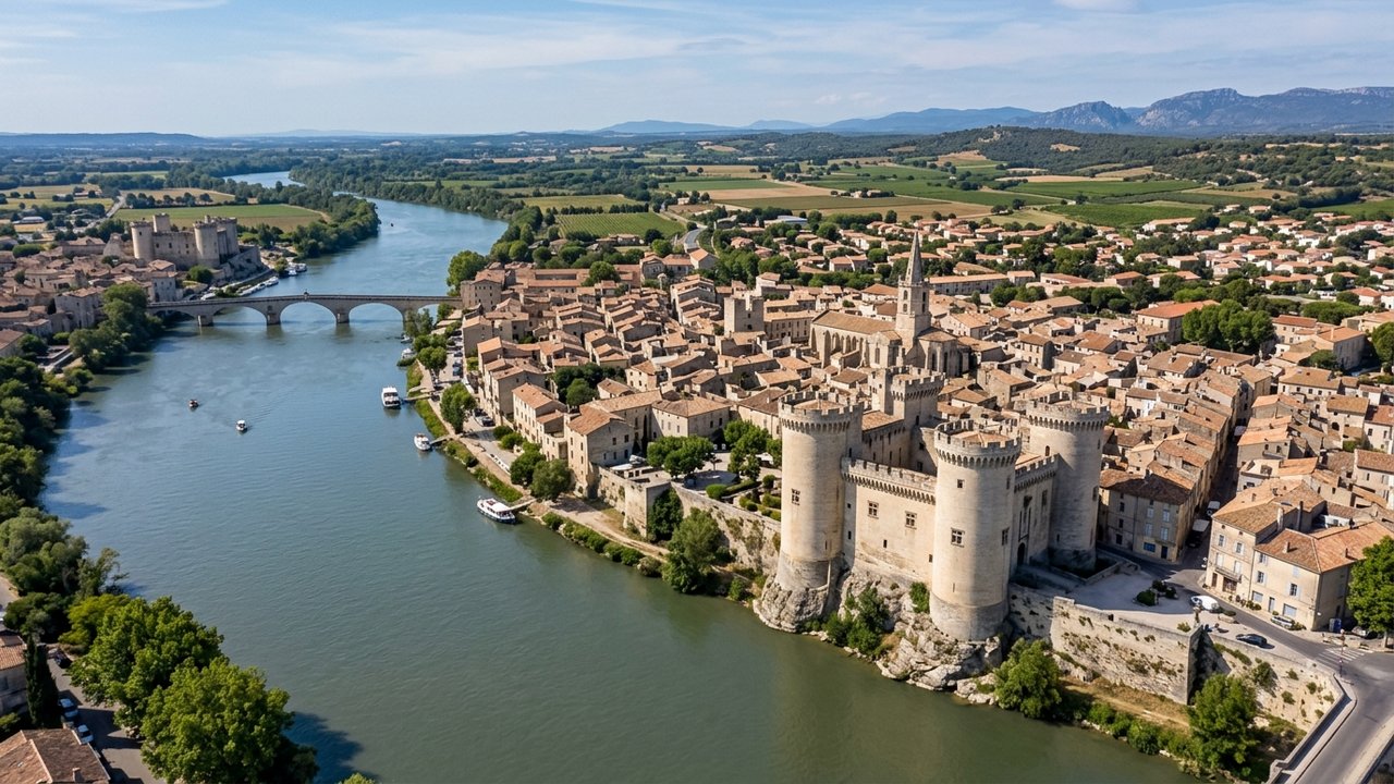 Vue aérienne de Tarascon avec son château médiéval sur le Rhône