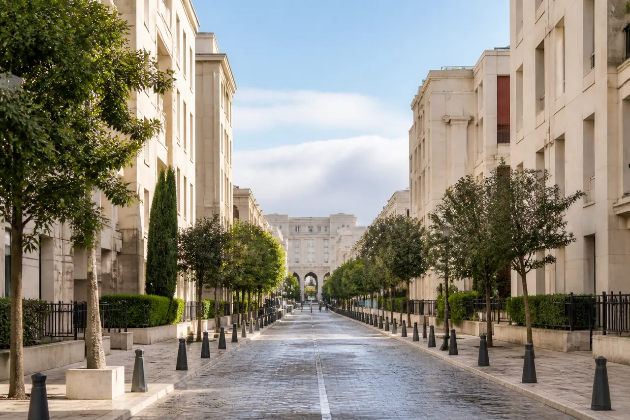 Rue calme à Antigone, quartier résidentiel de Montpellier